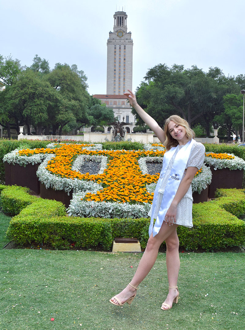 Eliana Glenn celebrates her 2024 graduation from UT Austin. Her experience as a Longhorn Wellness Peer Educator as an undergraduate helped shape her path toward public health.